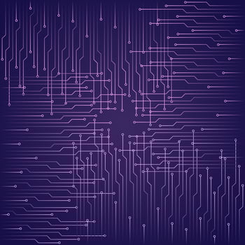Abstract technological purple background with elements of the microchip. Circuit board background texture. Vector illustration.