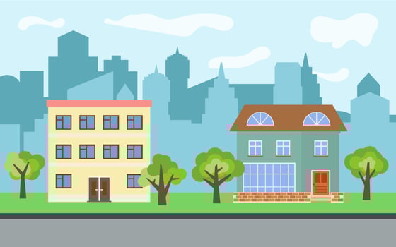 Vector city with two-story and three-story cartoon houses and green trees in the sunny day. Summer urban landscape. Street view with cityscape on a background