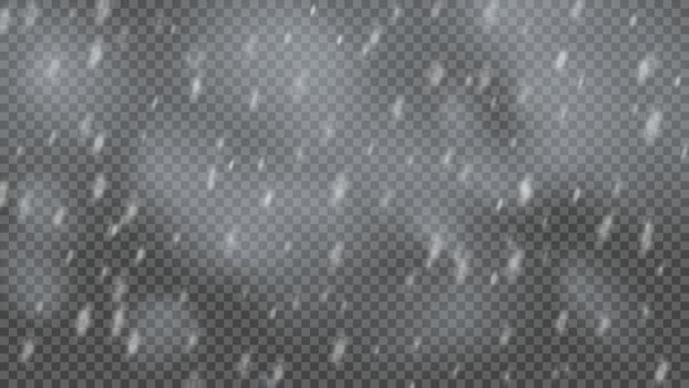 Snowstorm and falling snowflakes on transparent background. Blizzard of white snowflakes and Christmas snow. Vector illustration