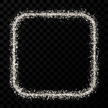 Silver glitter frame. Square with rounded corners frame with shiny sparkles on dark transparent background. Vector illustration