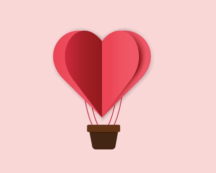 valentine day with heart balloon, gift and clouds. Paper cut style. vector illustration.