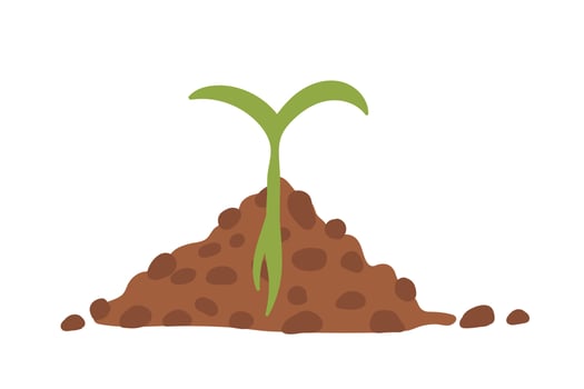 Plant in black ground. Green leafy plant grow up. Spring decor, icon, sticker. Vector stock illustration.