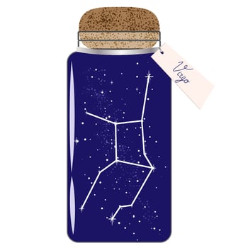 Glass jar with zodiac constellations Virgo on the night sky. Collect moments. Jar with tag for horoscope vector