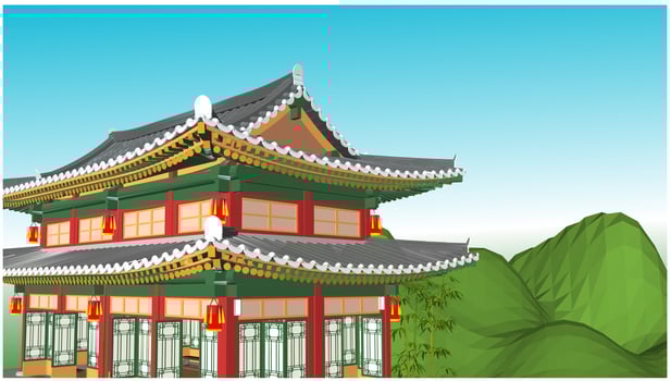 Panorama of nature, Asia Palace, volcano, mountains, rivers, and hills with trees. The Sakura flowers. Vector illustration
