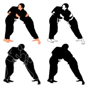 Silhouettes judoist, judoka, fighter in a duel, fight, judo sport, martial art, sport silhouettes pack vector