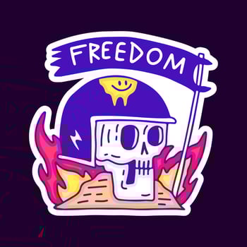 Skull in helmet with fire and freedom flag cartoon, illustration for t-shirt, sticker, or apparel merchandise. With modern pop and retro style. vector
