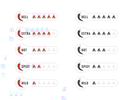 Spicy levels icons set. Hot natural chili pepper symbols. Spicy and hot. Vector illustration