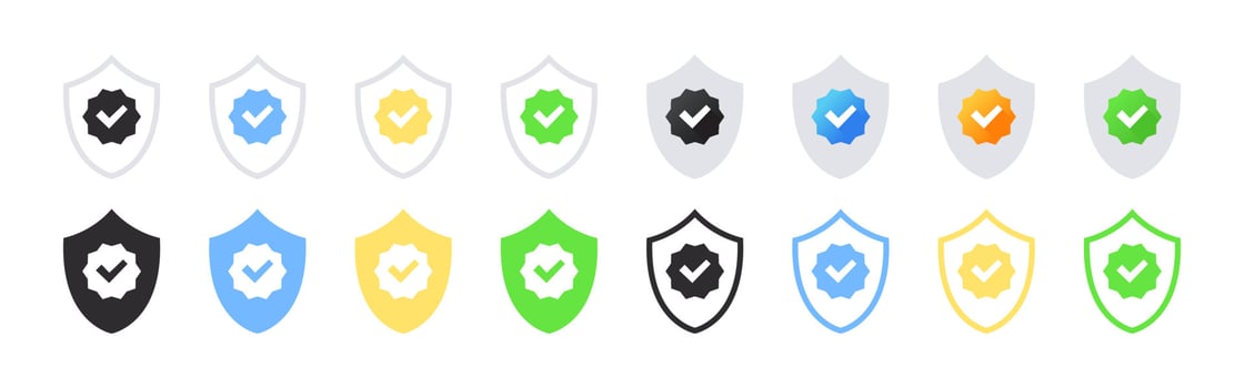 Verification check marks. Profile verification vector icons. Verification badges with shields. Vector illustration