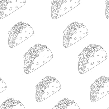 Seamless pattern with Tacos from meat, vegetables pointing in different directions. Mexican cuisine vector