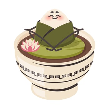 National Japanese food. Cute onigiri in lotus pose meditating. Rice ball with sauce, flower. Doodle drawn vector illustration for menu, poster, flyer, banner, cooking concept