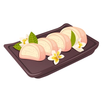 Halved mochi cake with cherry blossoms on Chinese porcelain plate. Japanese food. Vector flat drawn illustration for restaurant dishes, menu, poster, flyer, banner, dessert, cooking concept