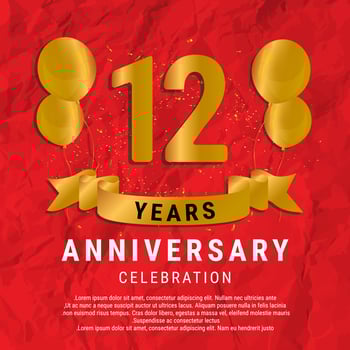 12 Years Anniversary celebration. Luxury happy birthday card background with elements balloons and ribbon with glitter effects. Abstract Red with Confetti and Golden Ribbon. Vector Illustration EPS10
