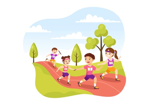 Relay Race Illustration Kids by Passing the Baton to Teammates Until Reaching the Finish Line in a Sports Championship Cartoon Hand Drawing Template vector