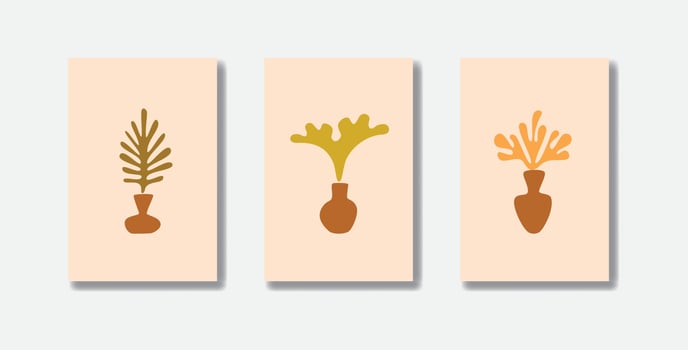 Set of 3 organic shape hand drawn style matisse inspired vase and plant design background vector