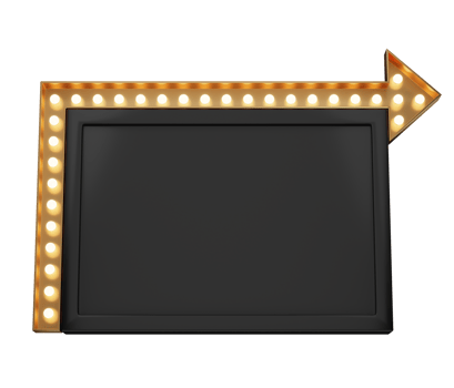 3d retro black and gold signboard with glowing yellow light bulb . Concept of billboard design for cinema, casino, marquee or nightclub . 3d high quality render png