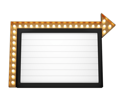 3d retro black and gold signboard with glowing yellow light bulb . Concept of billboard design for cinema, casino, marquee or nightclub . 3d high quality render png