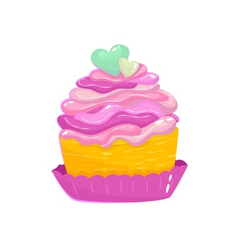 Valentines cupcake with heart isolated. Pink muffins vanila sweet dessert for lovers. Cartoon vector illustration. Bakery for valentines day