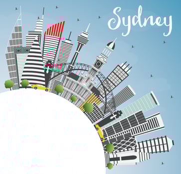 Sydney Australia City Skyline with Gray Buildings, Blue Sky and Copy Space. vector