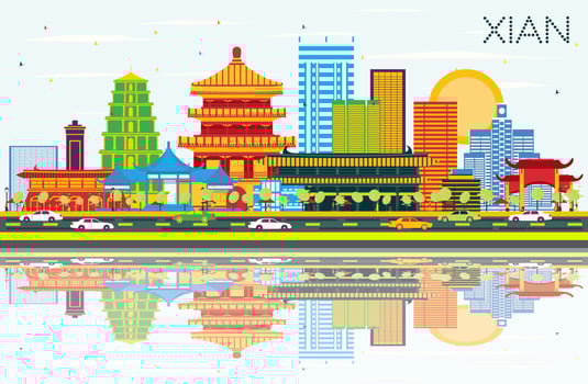 Xian China Skyline with Color Buildings, Blue Sky and Reflections. vector