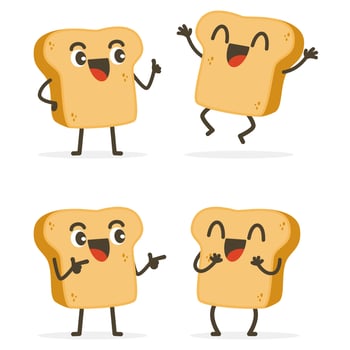 Set of Cute Bread Cartoon Food Characters isolated on white. vector