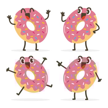 Set of Cute Donut Cartoon Food Characters isolated on white. vector