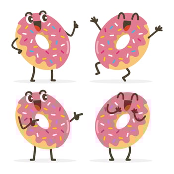Set of Cute Donut Cartoon Food Characters isolated on white. vector