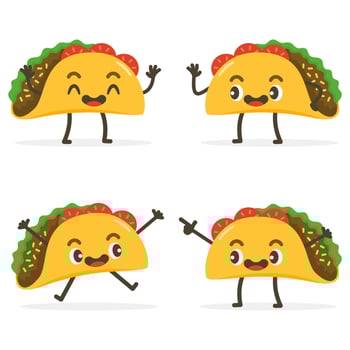 Set of Cute Taco Cartoon Food Characters isolated on white. vector