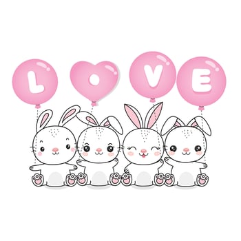 Cute bunny with pink heart balloon for Valentine day. vector