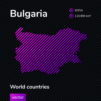 Vector abstract map of Bulgaria with violet striped texture and striped dark background