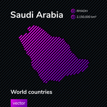 Vector abstract map of Saudi Arabia with violet striped texture and striped dark background