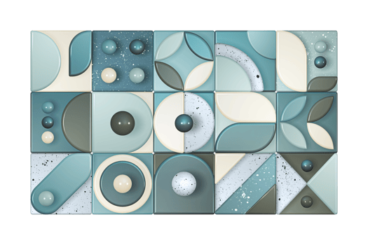 Abstract geometric mosaic 3d transparent pattern design with tracery of shapes with bright circles, squares, and rectangles png
