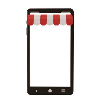 Mobile phone mockup with store awning. Shop canopy on smartphone, shopping app presentation template png