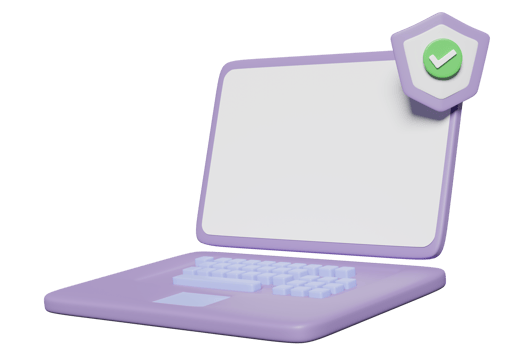 3d purple laptop computer with shield, checkmark isolated. Internet security or privacy protection or ransomware protect concept, 3d render illustration png