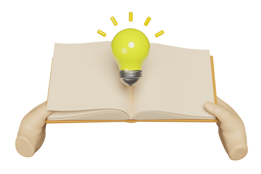 3D Hand holds open book with yellow light bulb isolated. idea tip education, knowledge creates ideas concept, minimal abstract, 3d render illustration png