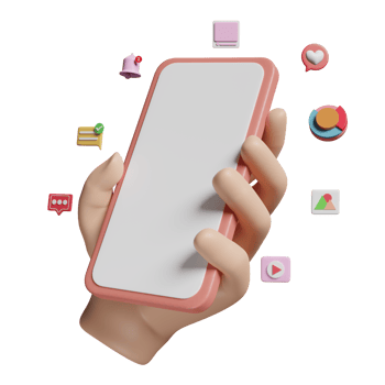 3d social media with hand holding mobile phone, smartphone icons isolated. online social, communication applications, minimal template  concept, 3d render illustration png