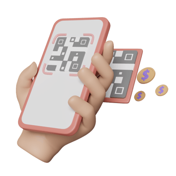 3d hand holding mobile phone, smartphone with qr code scanner, coins isolated. cashless payment, online shopping concept, 3d render illustration png