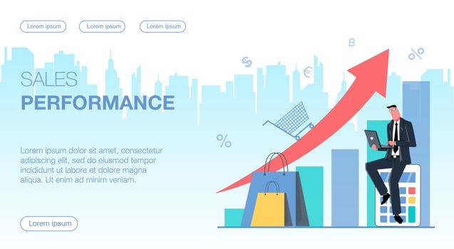 A businessman sits on a calculator and holds a laptop. In the background is a graph with an arrow and a cart showing sales growth. Flat vector illustration.