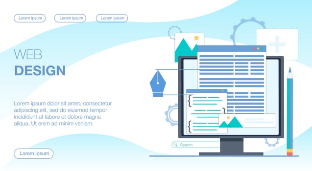 Web design. The monitor shows the website design windows. Flat vector illustration.