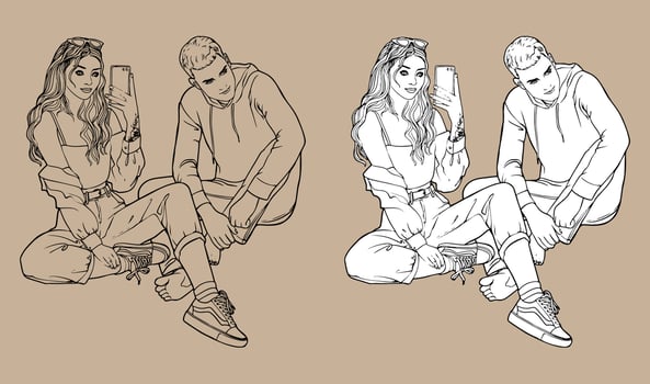 A young man and a girl are sitting down. Black and white vector drawing made by hand. Isolated drawing. For coloring and design books. Love of young people.
