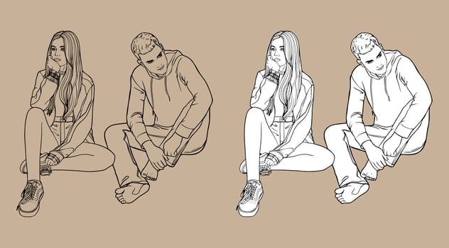 A young man and a girl are sitting down. Black and white vector drawing made by hand. Isolated drawing. For coloring and design books. Love of young people.