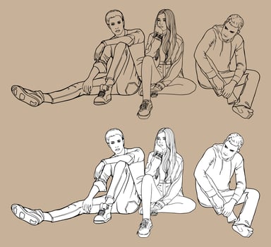 A company of three young people sitting. Black and white hand-drawn vector drawing. Isolated drawing. For coloring books and design books. Love of young people.