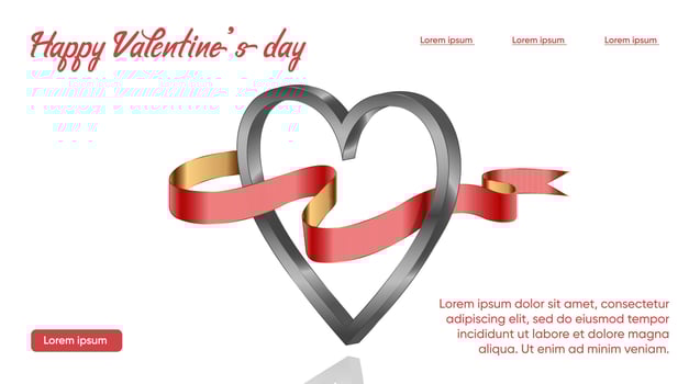 Valentine's Day. Lending. Metallic gradient heart with red ribbon vector