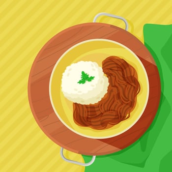 Ropa vieja, dish of Latin American cuisine. Stewed meat with rice. vector