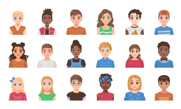 Cute childrens faces in flat cartoon style. Collection of avatars. vector