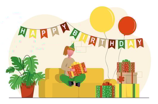 Birthday party. A girl opens presents. vector