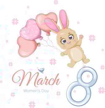 Spring card with cartoon cute bunny, balloons and number 8 vector
