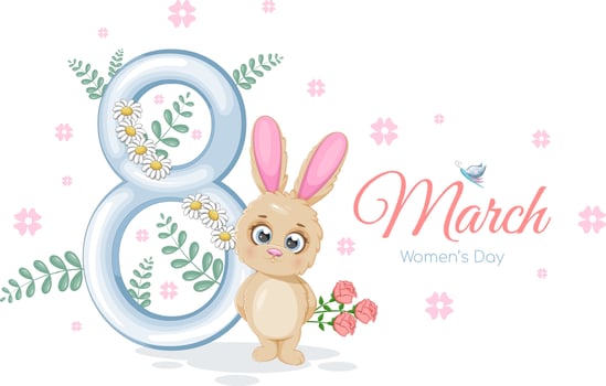 Cute spring card with cartoon bunny, flowers and number 8 vector