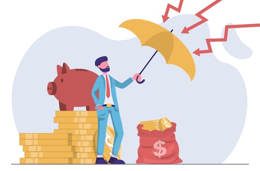 Money saving. A businessman with an umbrella protects his money vector
