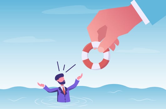 Financial support. Hand holds out a life preserver to a sinking businessman. vector