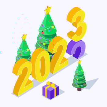 Christmas and New Year isometric vector illustration. 2023 comes. Christmas tree and presents.